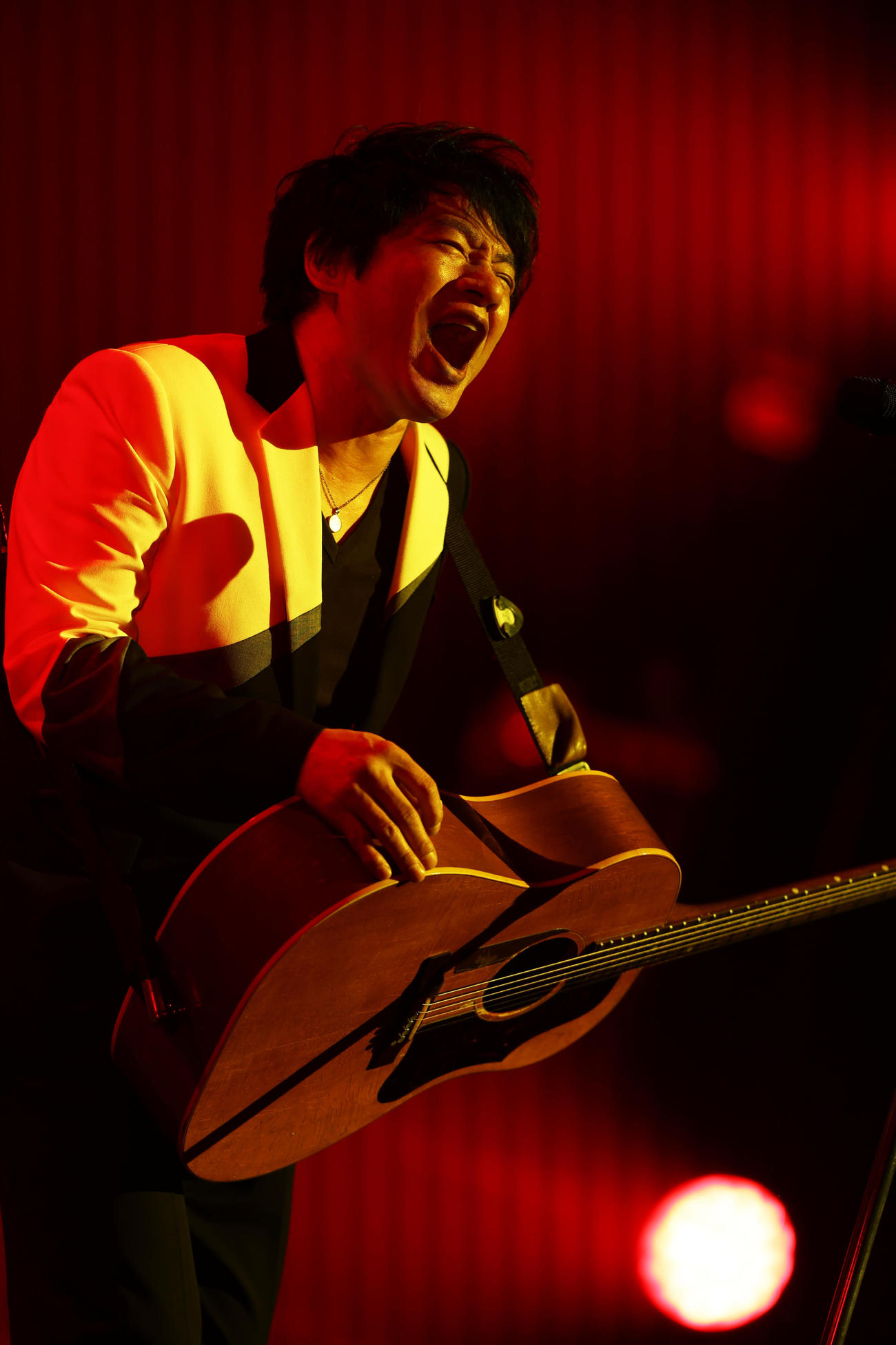 「ASKA　プレミアムコンサートツアー－higher ground－アンコール公演」の初日公演で熱唱するASKA（撮影：新井秀幸）
