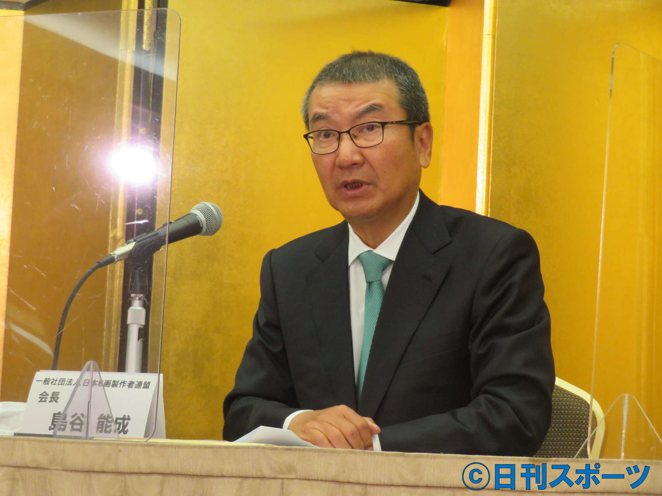 日本映画製作者連盟の2022年新年記者発表会に登壇した、映連の島谷能成会長（撮影・村上幸将）