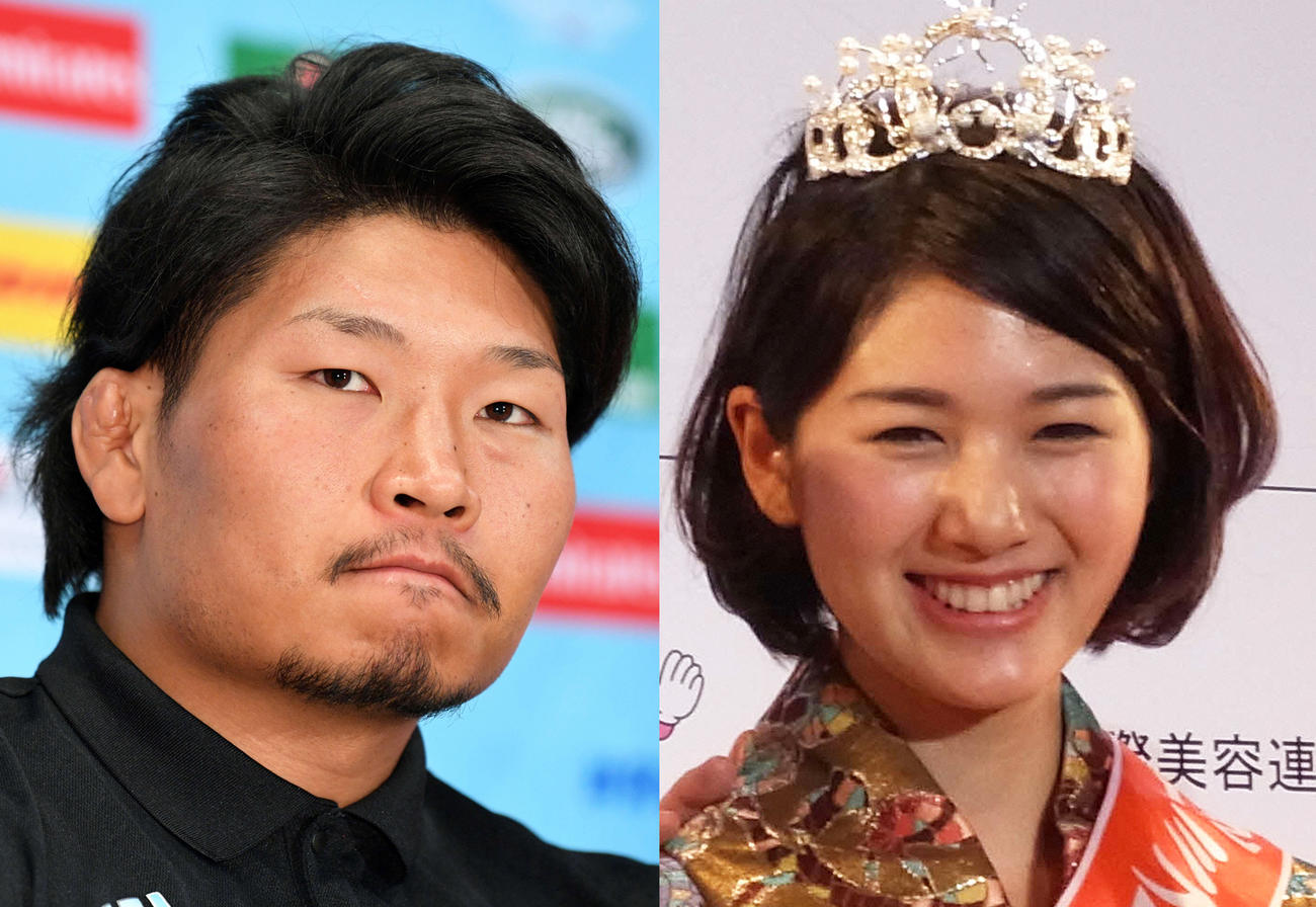 埼玉パナソニックワイルドナイツの稲垣啓太（左）とモデルの新井貴子