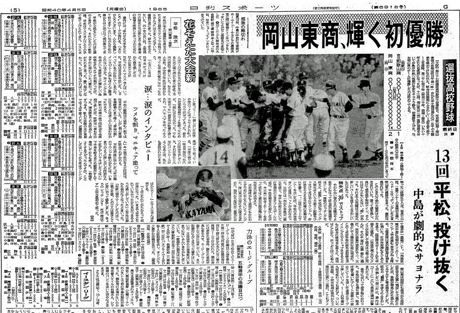 岡山東商のセンバツ優勝を伝える1965年4月5日付の日刊スポーツ
