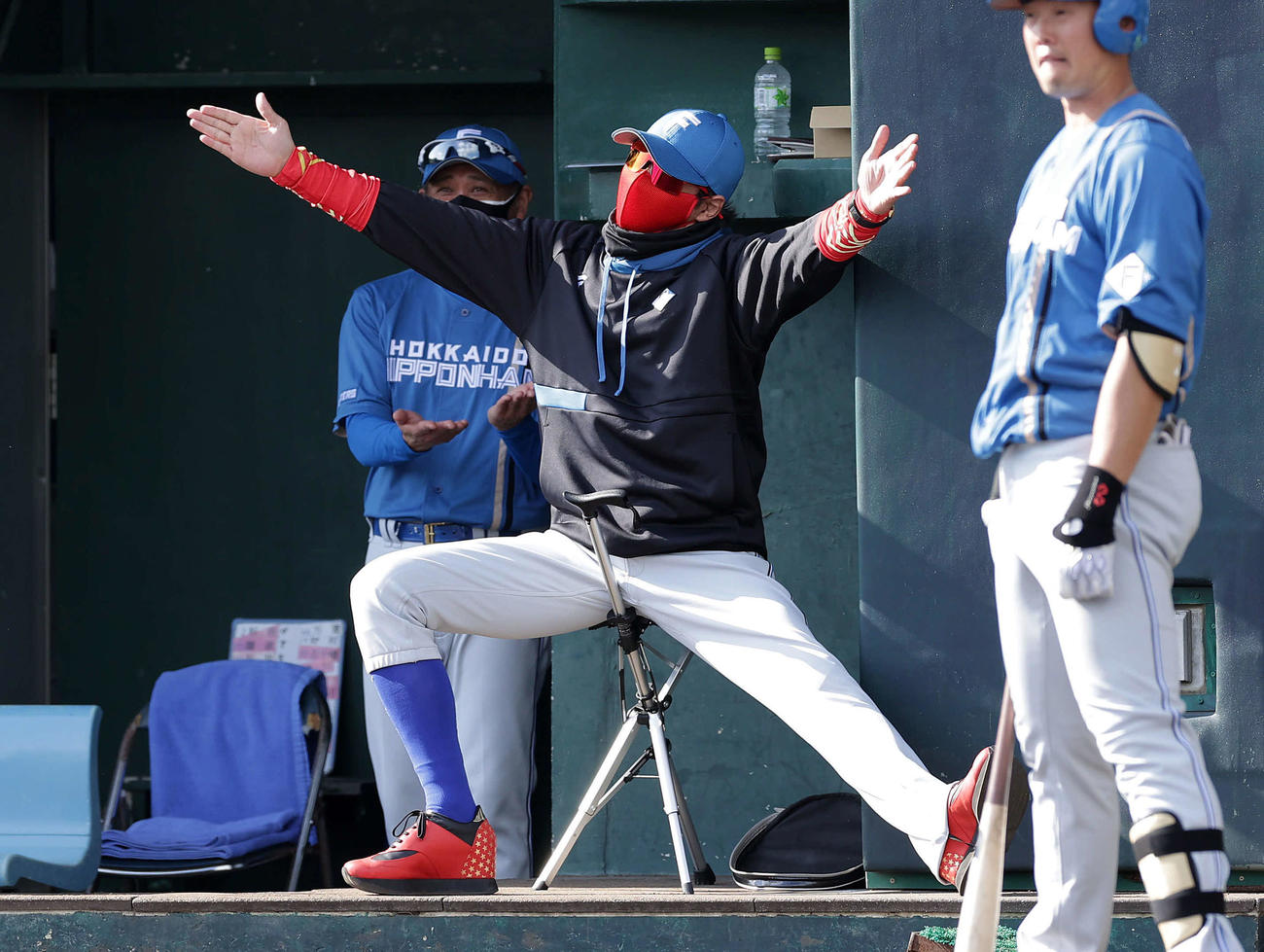 2022年2月8日、阪神対日本ハムの練習試合でベンチからサインを出す日本ハム新庄監督（撮影・前田充）