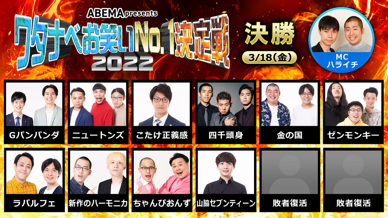 大手芸能事務所ワタナベエンターテインメントが主催する「ワタナベお笑いNo・1決定戦2022」決勝進出者