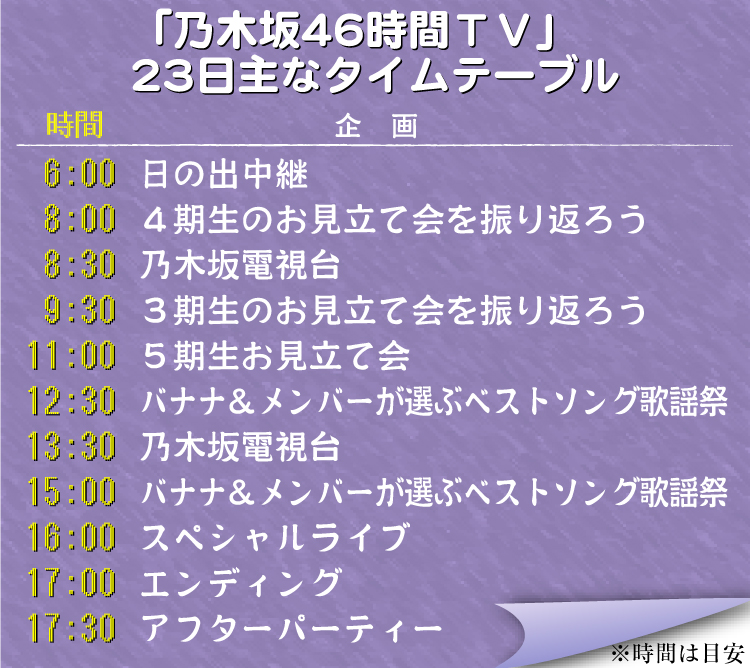 23日の「乃木坂46時間ＴＶ」主なタイムテーブル