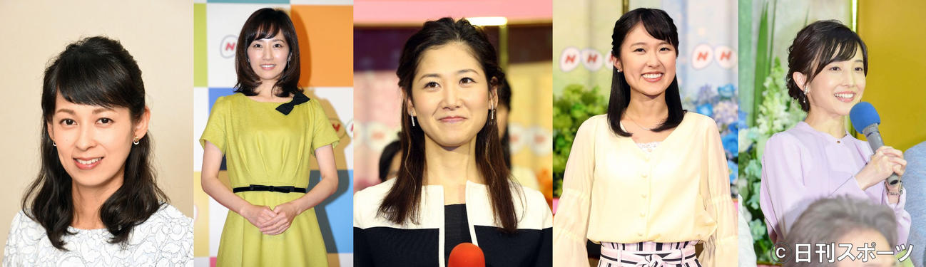 ブラタモリを担当してきた（左から）久保田祐佳、首藤奈知子、桑子真帆、近江友里恵、林田理沙の各アナウンサー