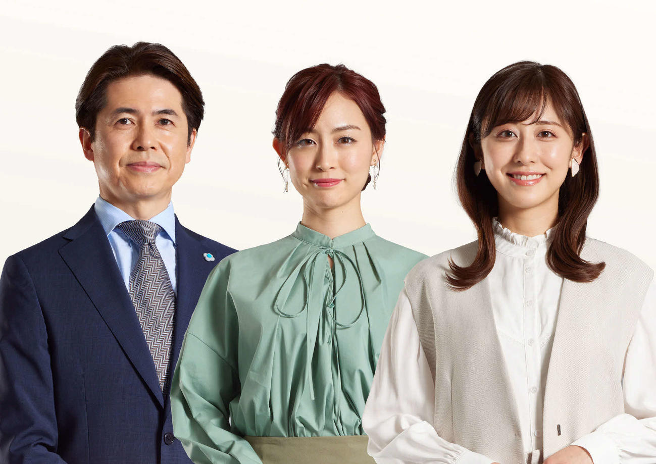 テレビ朝日系朝の情報番組「グッド！モーニング」でMCを務める左から坪井直樹、新井恵理那、斎藤ちはる