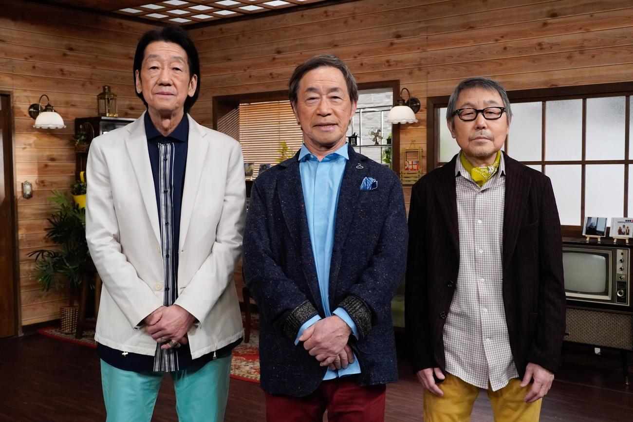 4月1日、8日放送のBSテレ東「武田鉄矢の昭和は輝いていた放送10年目突入特番！カメさんのそこが知りたい！海援隊50年」に出演する左から千葉和臣、武田鉄矢、中牟田俊男
