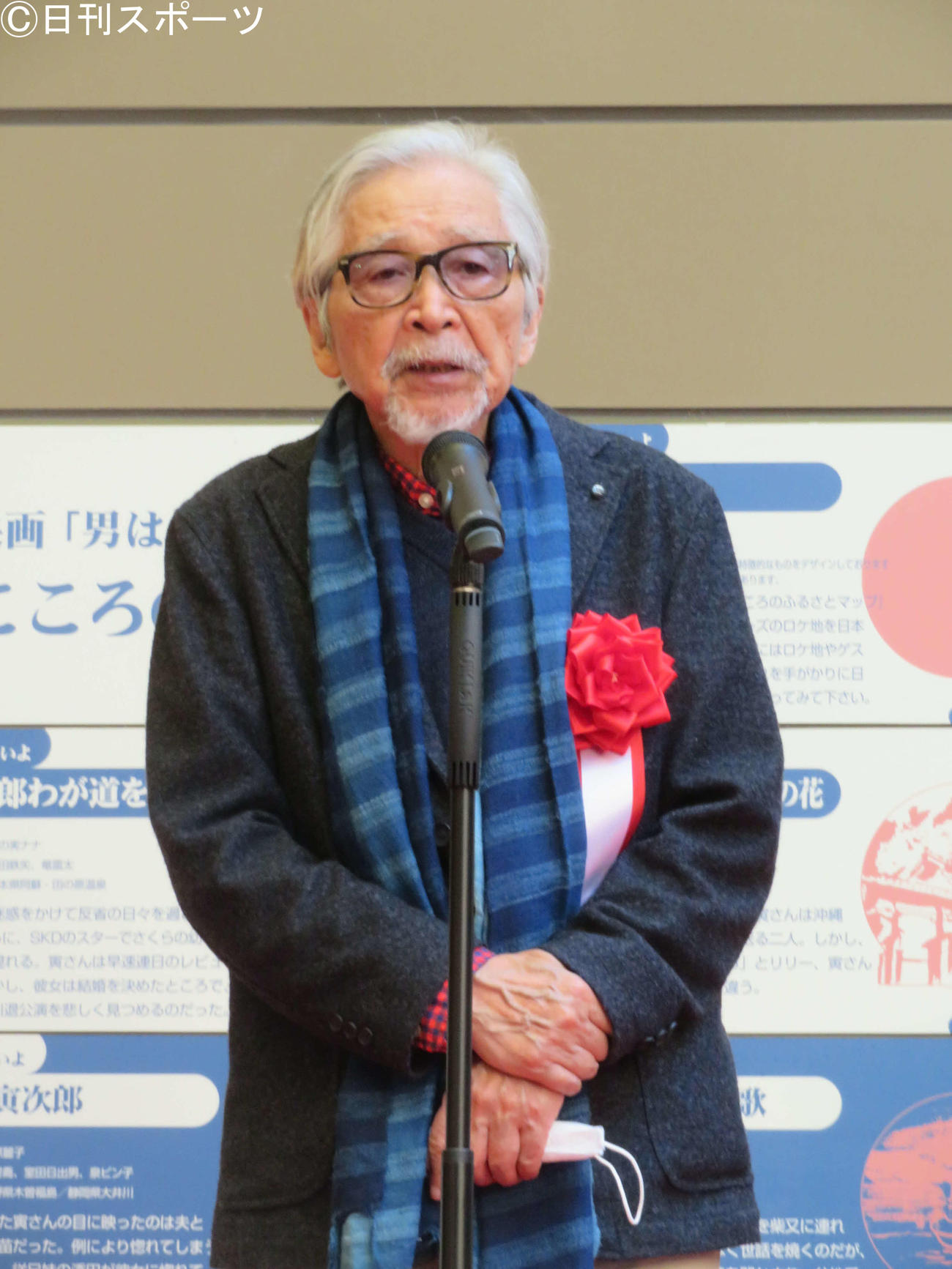 葛飾柴又寅さん記念館・山田洋次ミュージアムのリニューアル式典であいさつする、山田洋次監督（撮影・村上幸将）
