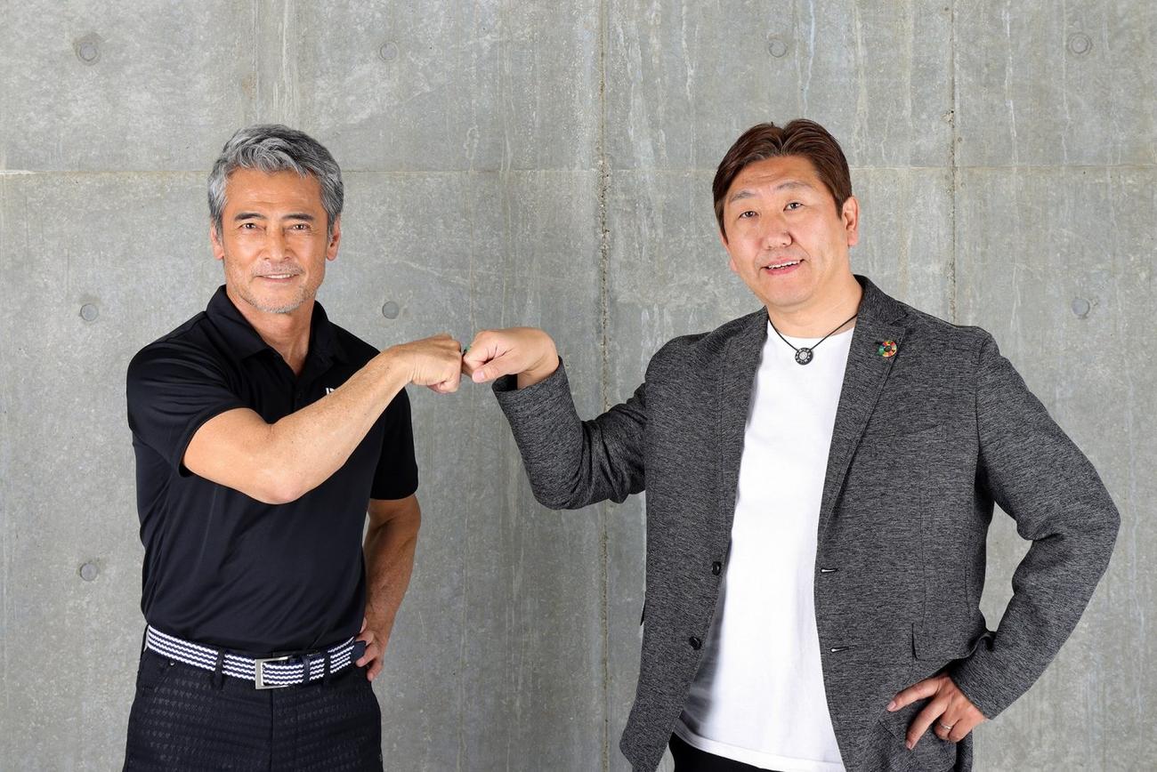 21年5月、日幸物産「DIRETTO」ブランドアンバサダー就任時の渡辺裕之さん（左）と石川卓社長