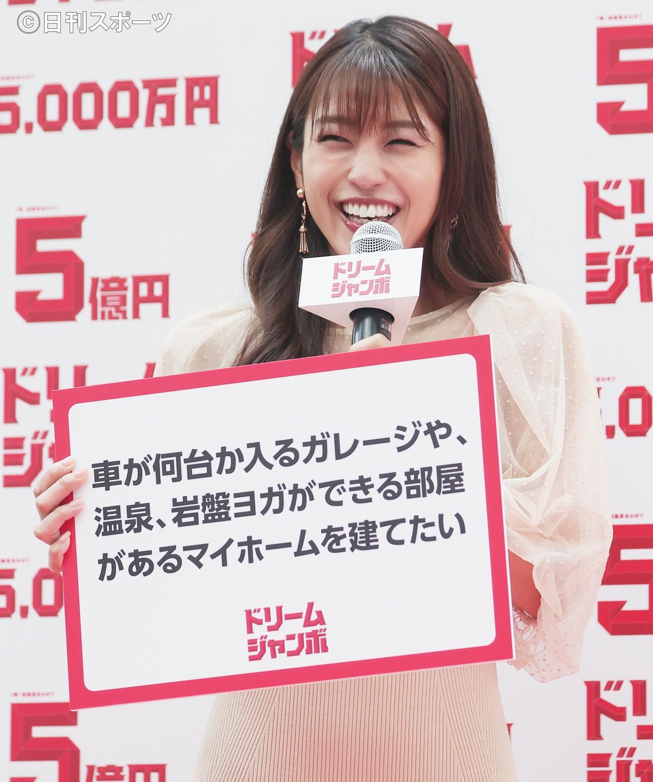 「ドリームジャンボ宝くじ」「ドリームジャンボミニ」発売記念イベントで、5億円が当たった時の夢を語る岡副麻希（撮影・野上伸悟）