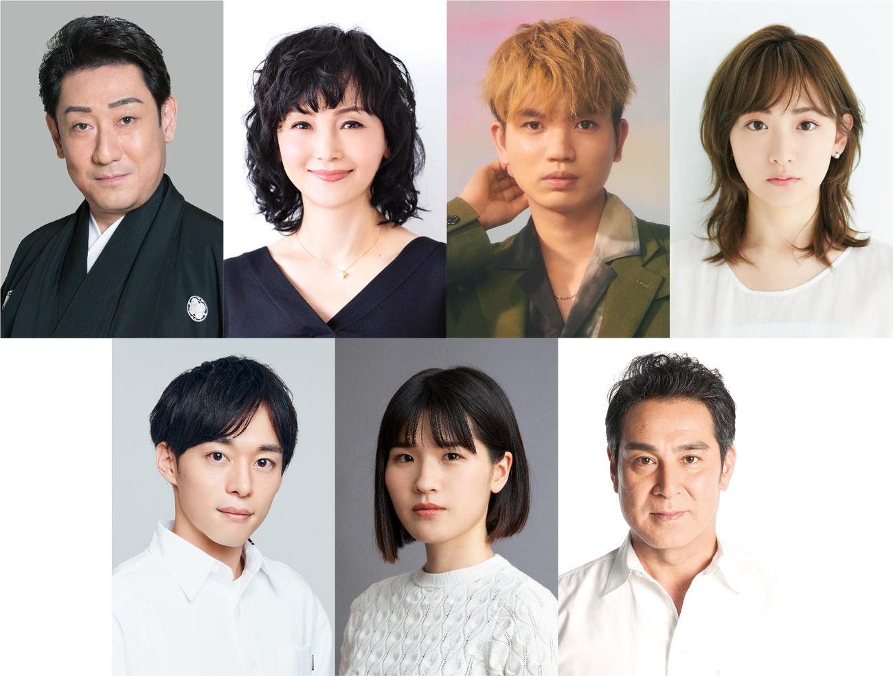 舞台「夏の夜の夢」キャスト。上段左から中村芝翫、南果歩、高地優吾、生駒里奈。下段左から元木聖也、堺小春、宇梶剛士
