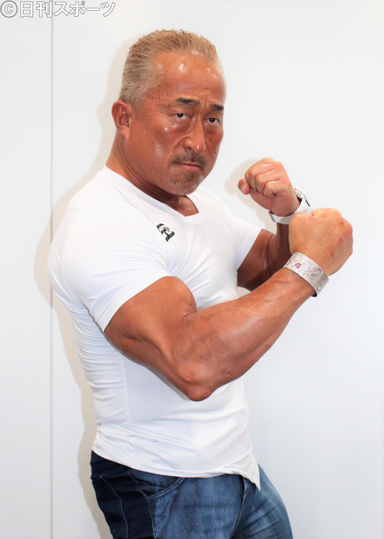 8月の日本マスターズボディビル選手権出場に向けて意気込みを語る角田信朗（撮影・鎌田敏晴）