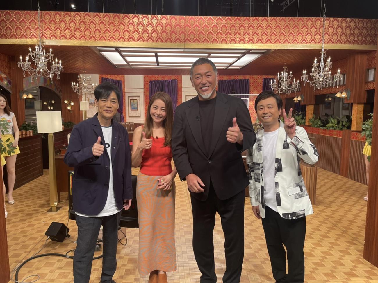 テレビ東京系「じっくり聞いタロウ～スター近況マル秘報告～」に出演した清原和博氏（左から3人目）。左から名倉潤、熊切あさ美、1人おいて河本準一