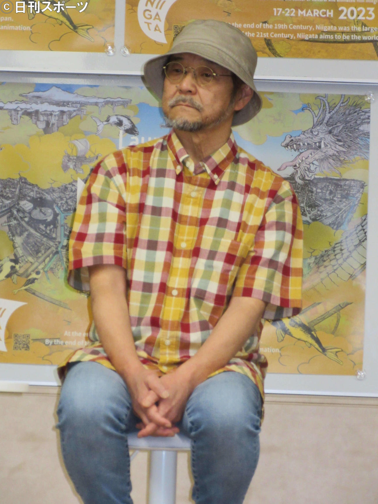 「第1回新潟国際アニメーション映画祭」記者会見に出席した映画監督の押井守氏（撮影・加藤理沙）