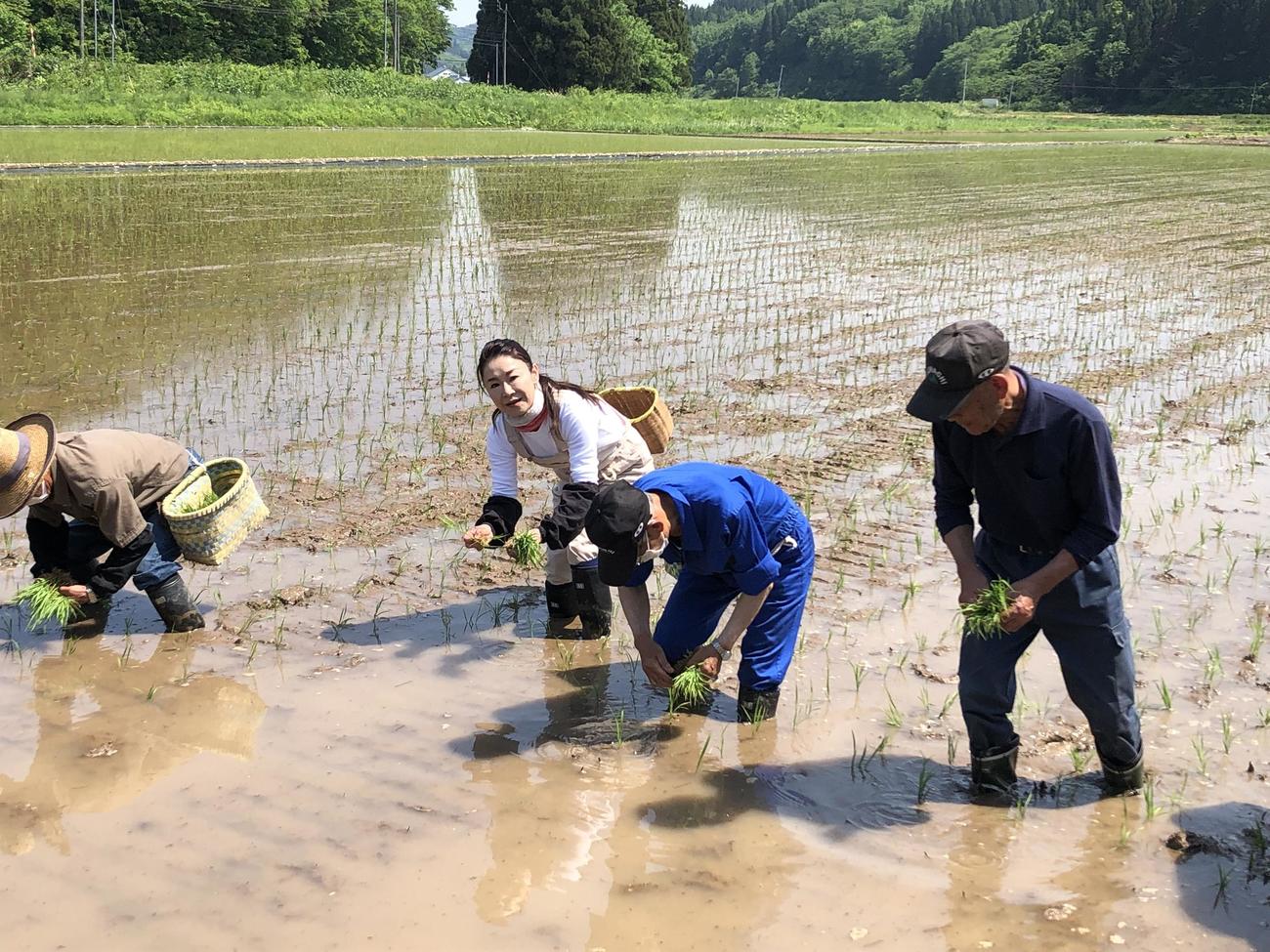秋田の実家で田植えを行った岩本公水（左から2人目）と支援者ら