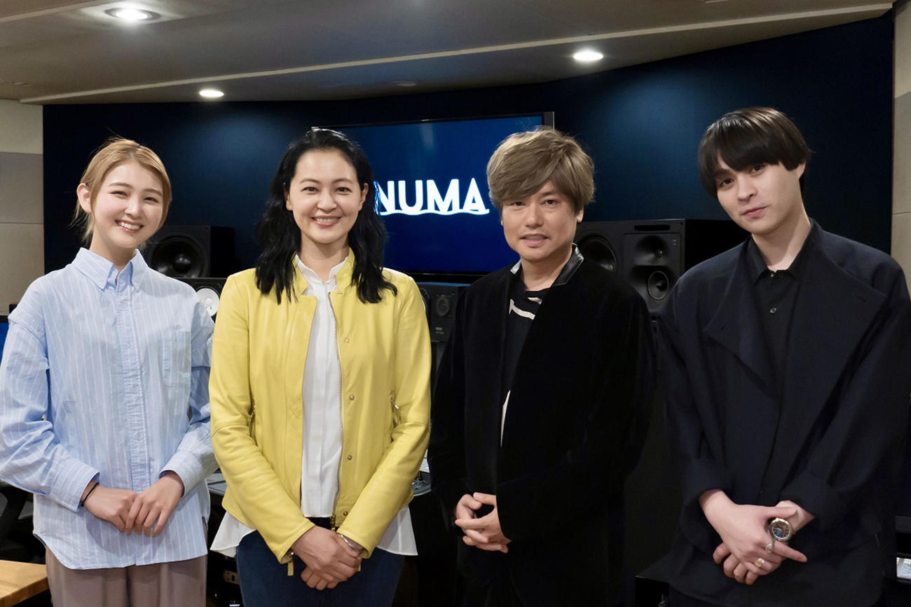 ホラーイヤードラマ「そこに誰かいる」の出演者。左から花音、黒谷友香、森久保祥太郎、西銘駿