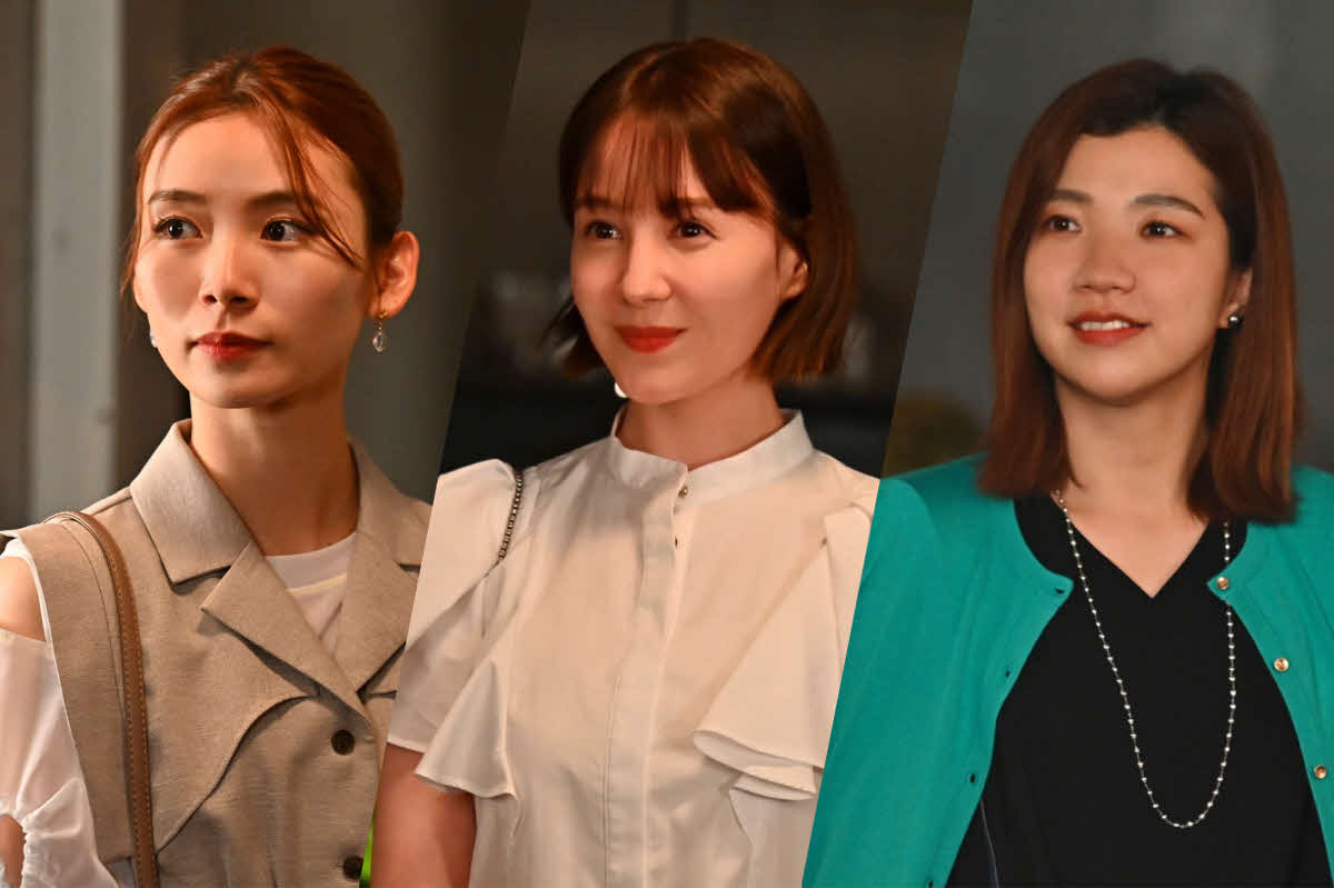 TBS系日曜劇場「マイファミリー」最終回にゲスト出演する、左から朝日奈央、トリンドル玲奈、3時のヒロイン福田麻貴（C）TBS