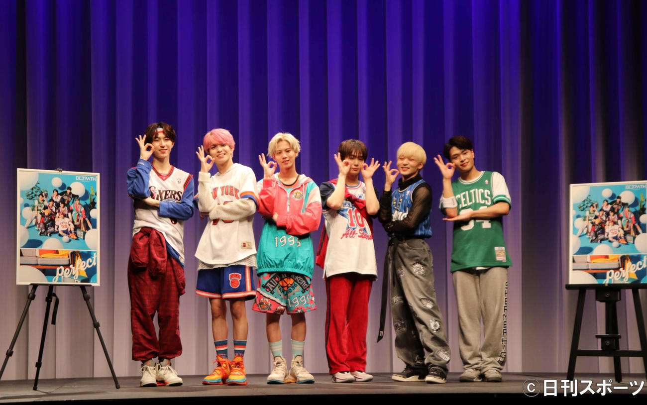 セカンドシングル「Perfect」リリース記念イベントに出席した、左から四谷真佑、栗田航兵、小堀柊、太田駿静、古瀬直輝、海帆（撮影・加藤理沙）