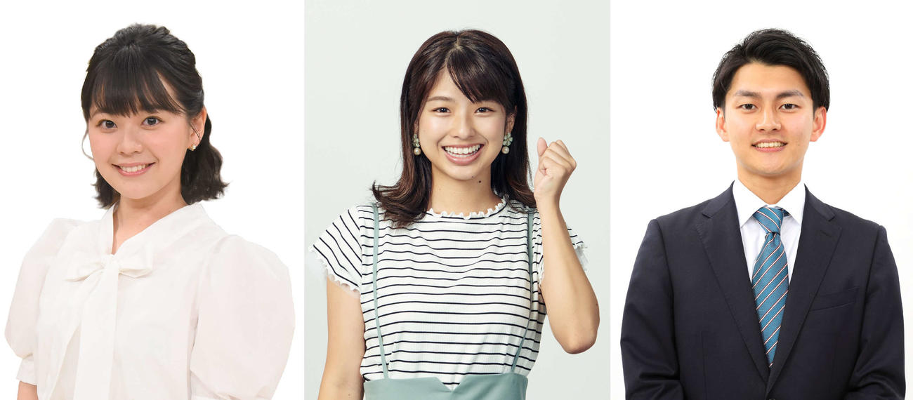 カンテレ夏のグルメ博の公式アンバサダー。左から谷元星奈、舘山聖奈、山本大貴（外部提供）