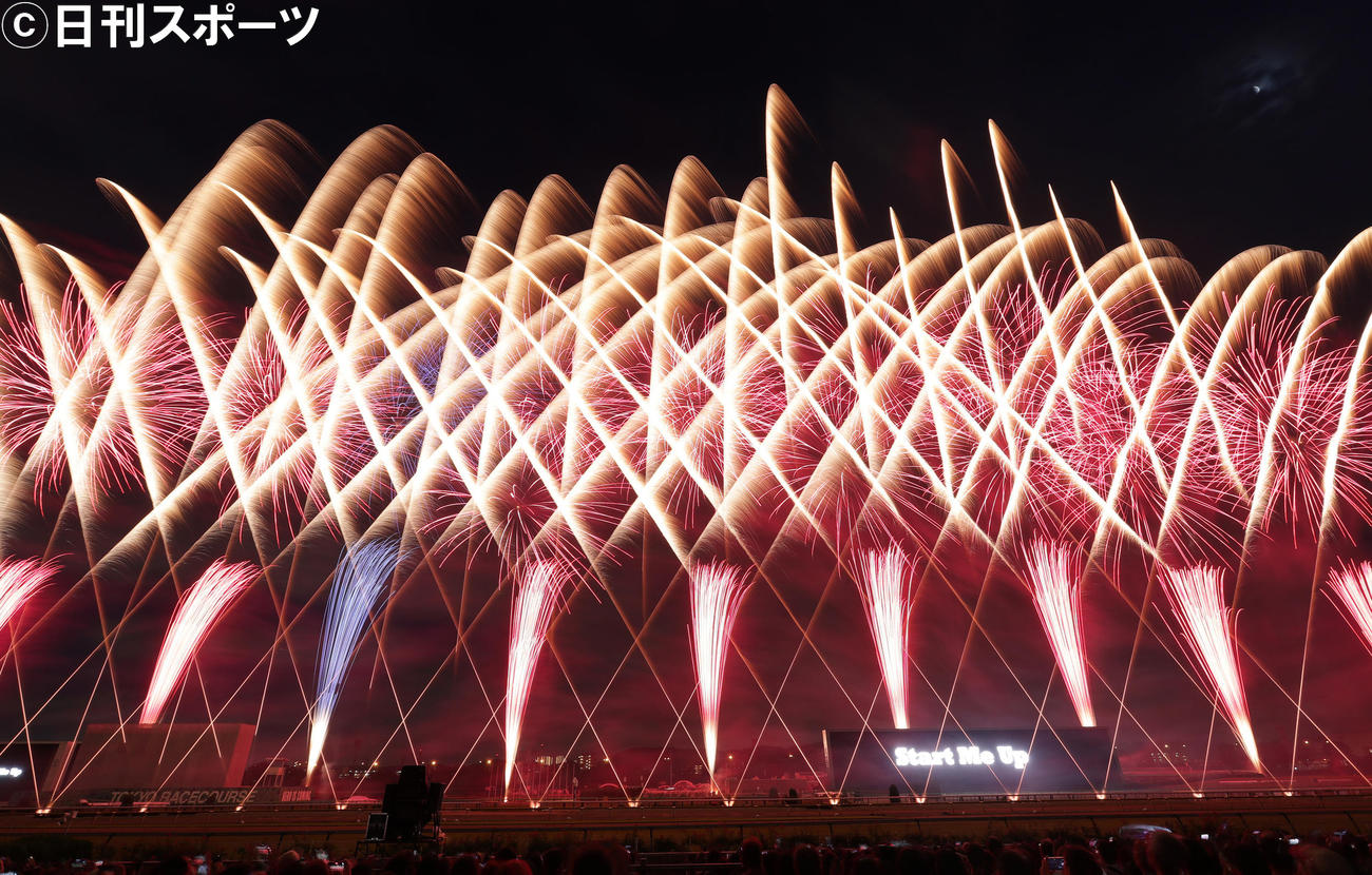 東京競馬場上空に華やかに打ち上がった花火（撮影・足立雅史）