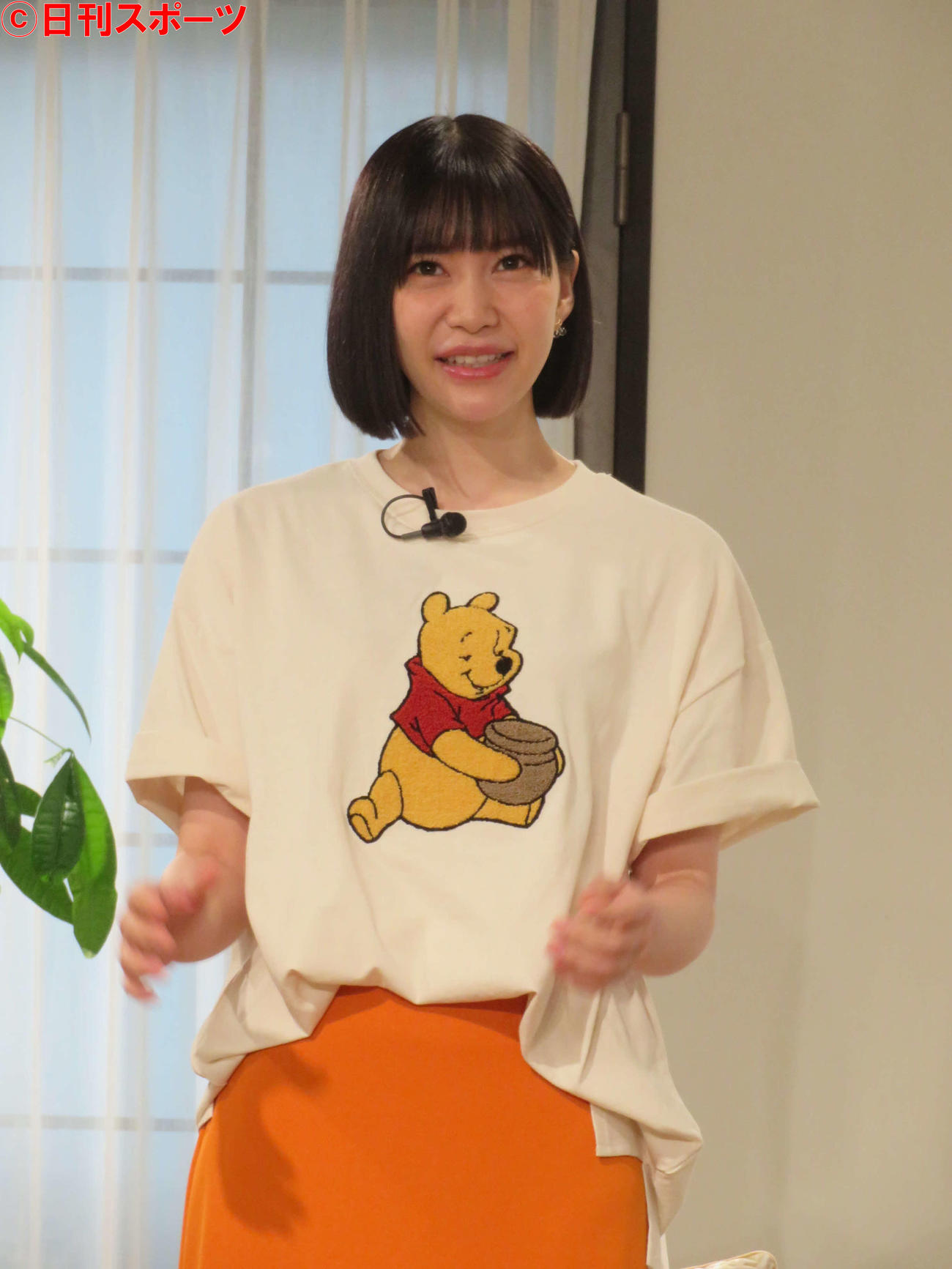 イトーヨーカドー「くまのプーさん　ゆったりお買い物フェア」キャンペーン説明会でプーさんのTシャツを着た西脇彩華（撮影・村上幸将）