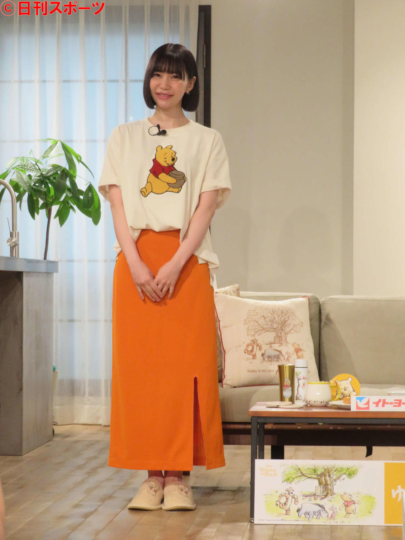 イトーヨーカドー「くまのプーさん　ゆったりお買い物フェア」キャンペーン説明会でプーさんのTシャツを着た西脇彩華（撮影・村上幸将）
