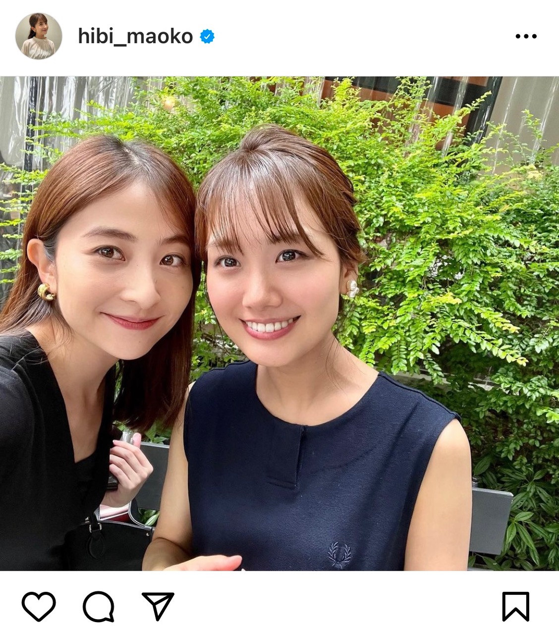 フジテレビ井上清華アナウンサー（右）とのツーショットを公開したTBS日比麻音子アナウンサー