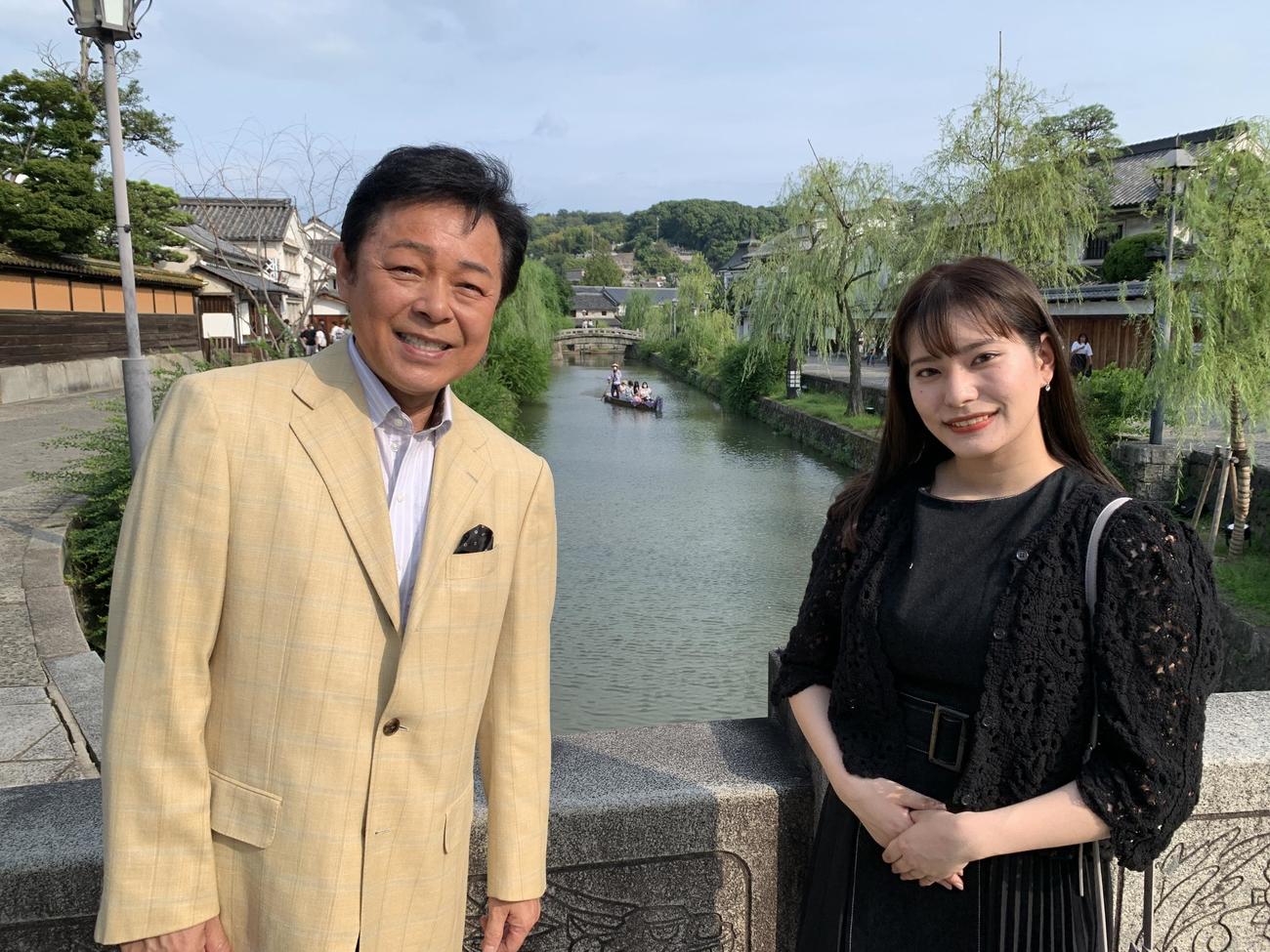 藤原浩（左）の新曲「倉敷川哀歌」にゲスト出演したという「倉敷小町」の堀日向子さん（右）