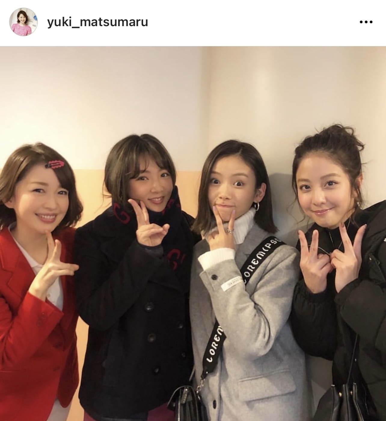 松丸友紀アナがアップした野呂佳代、朝日奈央、本郷杏奈との集合写真（松丸友紀アナのインスタグラムより）