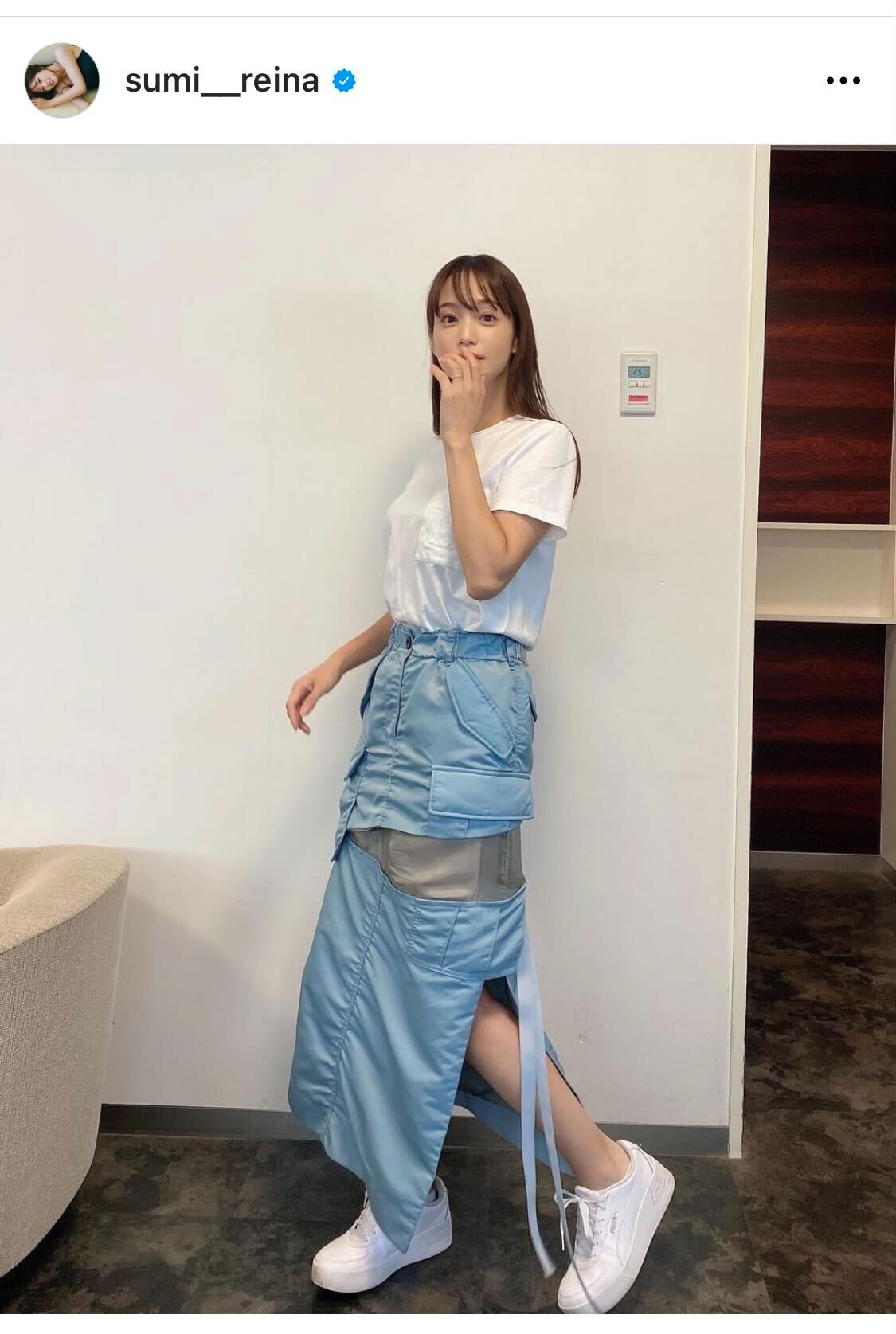 左脚が透けて見える独特のスカートをはいた鷲見玲奈アナ（鷲見玲奈アナのインスタグラムより）