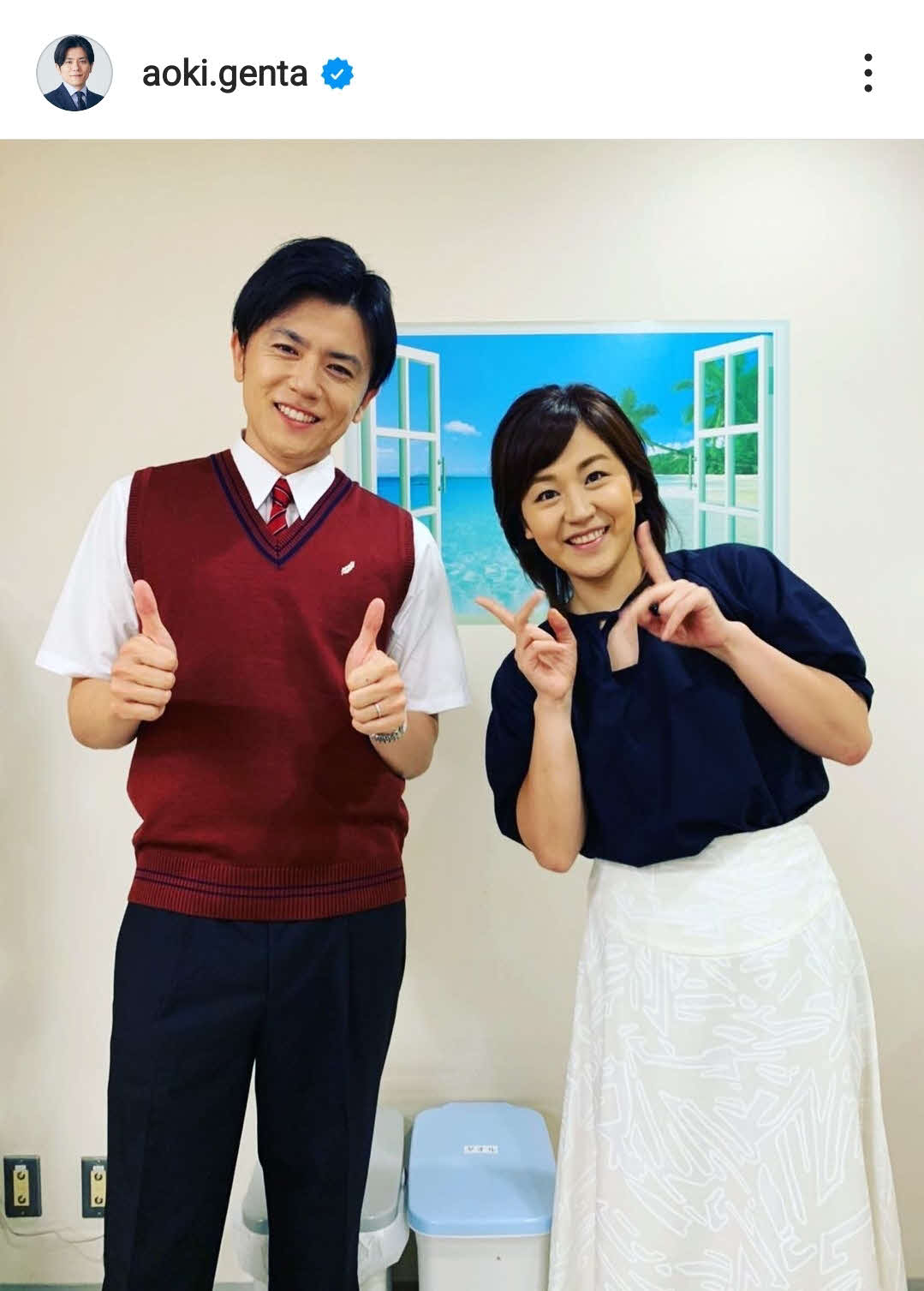 青木源太アナはフジテレビ石本沙織アナとのツーショットを公開（青木源太インスタグラムより）