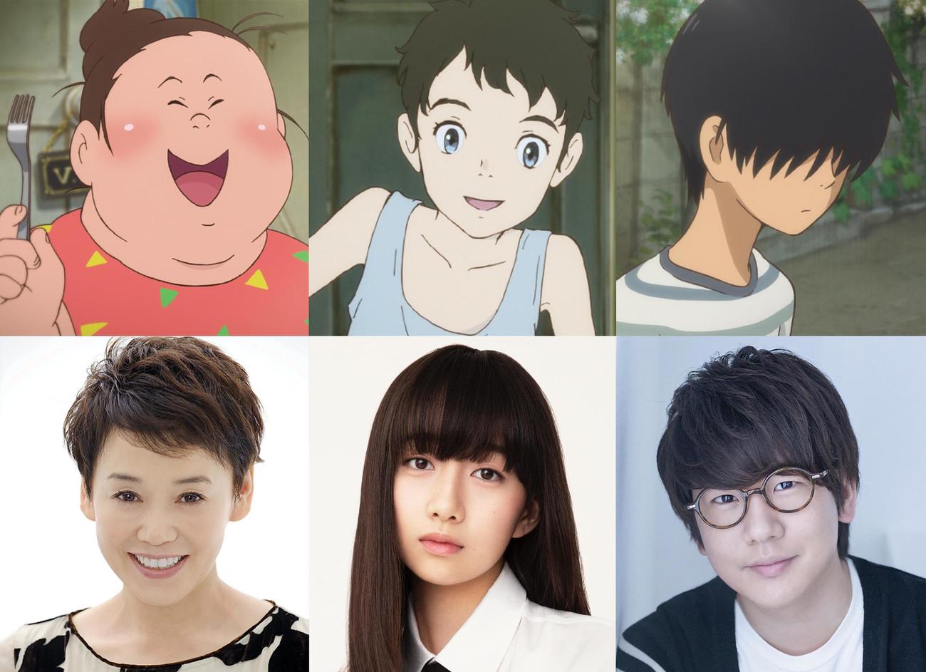 NHKEテレで地上波初放送が決まった劇場アニメ映画「漁港の肉子ちゃん」に登場する、上段左から肉子ちゃん、キクコ、二宮。声優を務める、下段左から大竹しのぶ、Cocomi、花江夏樹（C）2021「漁港の肉子ちゃん」製作委員会