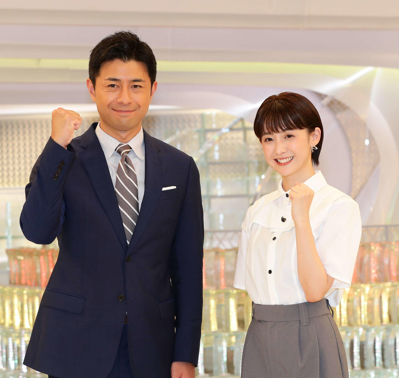 「Live　News　イット！」10月リニューアル取材会に登壇した、榎並大二郎アナウンサー（左）と宮司愛海アナウンサー（撮影・星夏穂）