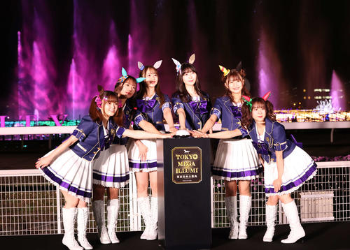 東京メガイルミ点灯式を行ったウマ娘の、左から大和田仁美、菊池紗矢香、高柳知葉、須藤叶希、稲垣好、前田佳織里（撮影・丹羽敏通）