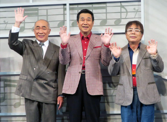 舞台「堕天使たちの鎮魂歌～夢色ハーモニーは永遠に～」取材会で。左から、野添義弘、三宅裕司、小倉久寛