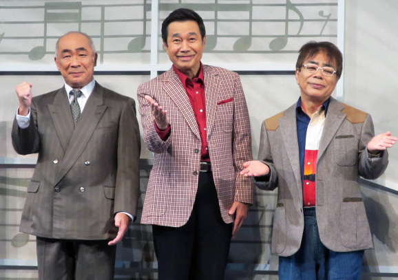 舞台「堕天使たちの鎮魂歌～夢色ハーモニーは永遠に～」取材会で。左から、野添義弘、三宅裕司、小倉久寛