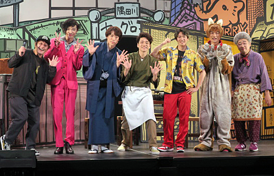 舞台「隅田川ヤングロード物語～嗚呼！そりゃあいけねえぜ！～」取材会で。左から、演出小林顕作氏、野澤祐樹、越岡裕貴、福田悠太、辰巳雄大、松崎祐介、前野朋哉