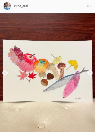 新井恵理那アナが描いた「秋の味覚」の絵（新井恵理那アナのインスタグラムより）