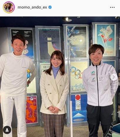 小平奈緒（右）と松岡修造氏との3ショットに納まる安藤萌々アナ（安藤萌々アナのインスタグラムより）