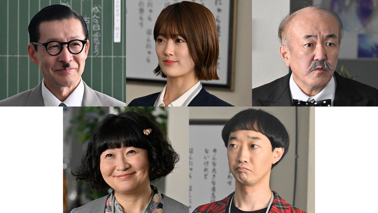 ドラマ「かりあげクン」レギュラーキャスト。上段左から岩井ジョニ男、樋口日奈、温水洋一。下段左から野口かおる、大水洋介