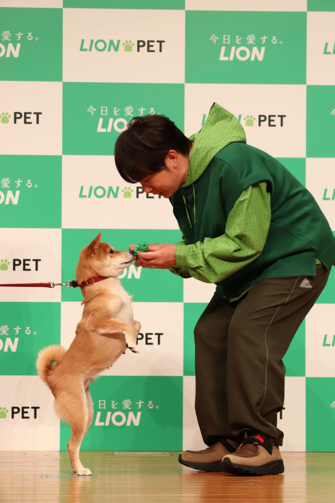 ライオン商事「ペットの歯磨き習慣化プロジェクト」新アクション発表会で柴犬のナナちゃんと遊ぶ濱口優（撮影・加藤理沙）