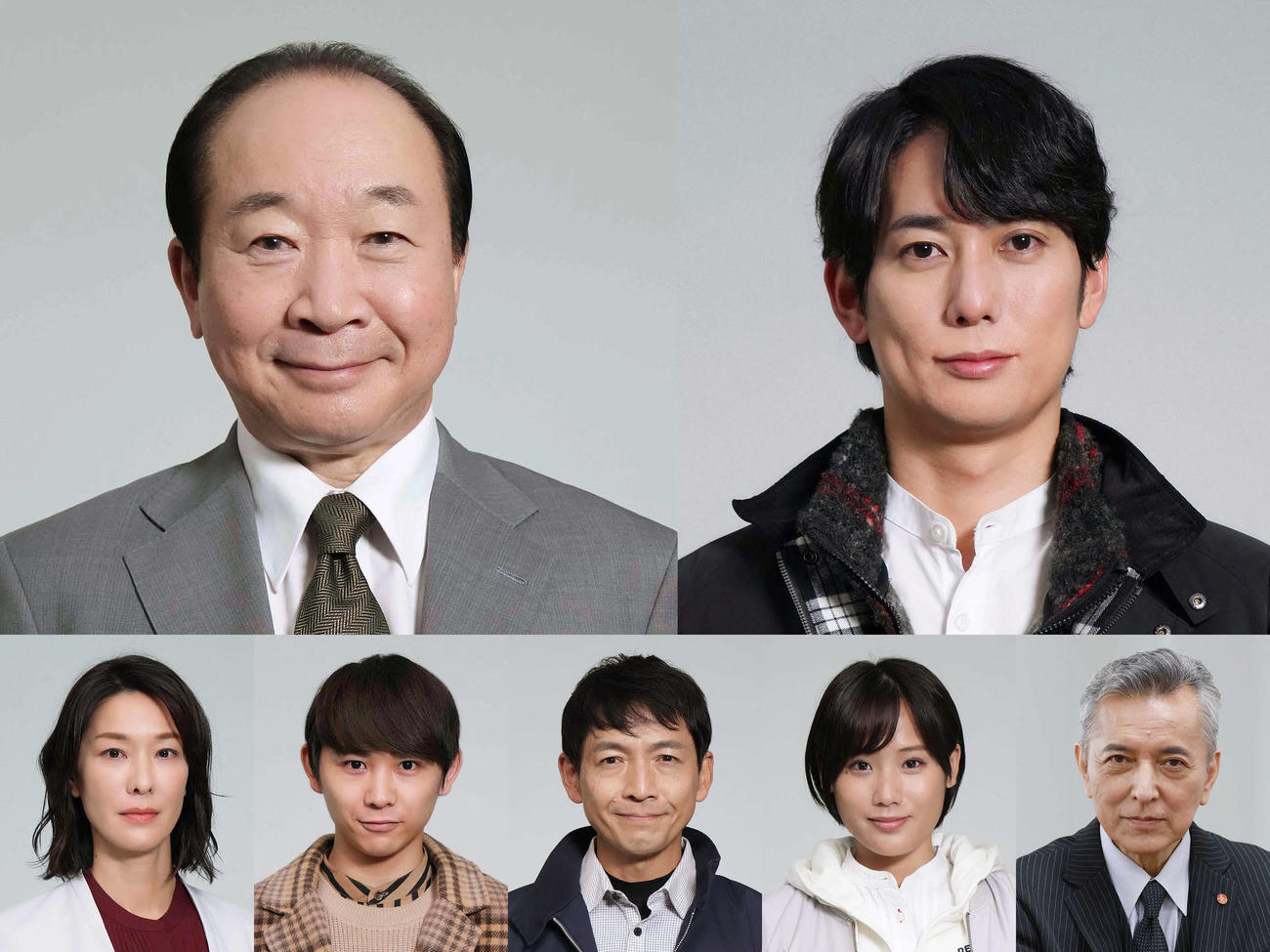 テレビ東京系23年1月期ドラマ「今野敏サスペンス機捜235」（仮題）に出演する中村梅雀（上段左）、平岡祐太（同右）、下段左から山本未來、須賀健太、東根作寿英、秋山ゆずき、榎木孝明