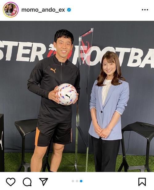 テレビ朝日安藤萌々アナウンサーと笑顔で写真に収まる遠藤航（インスタグラムより）