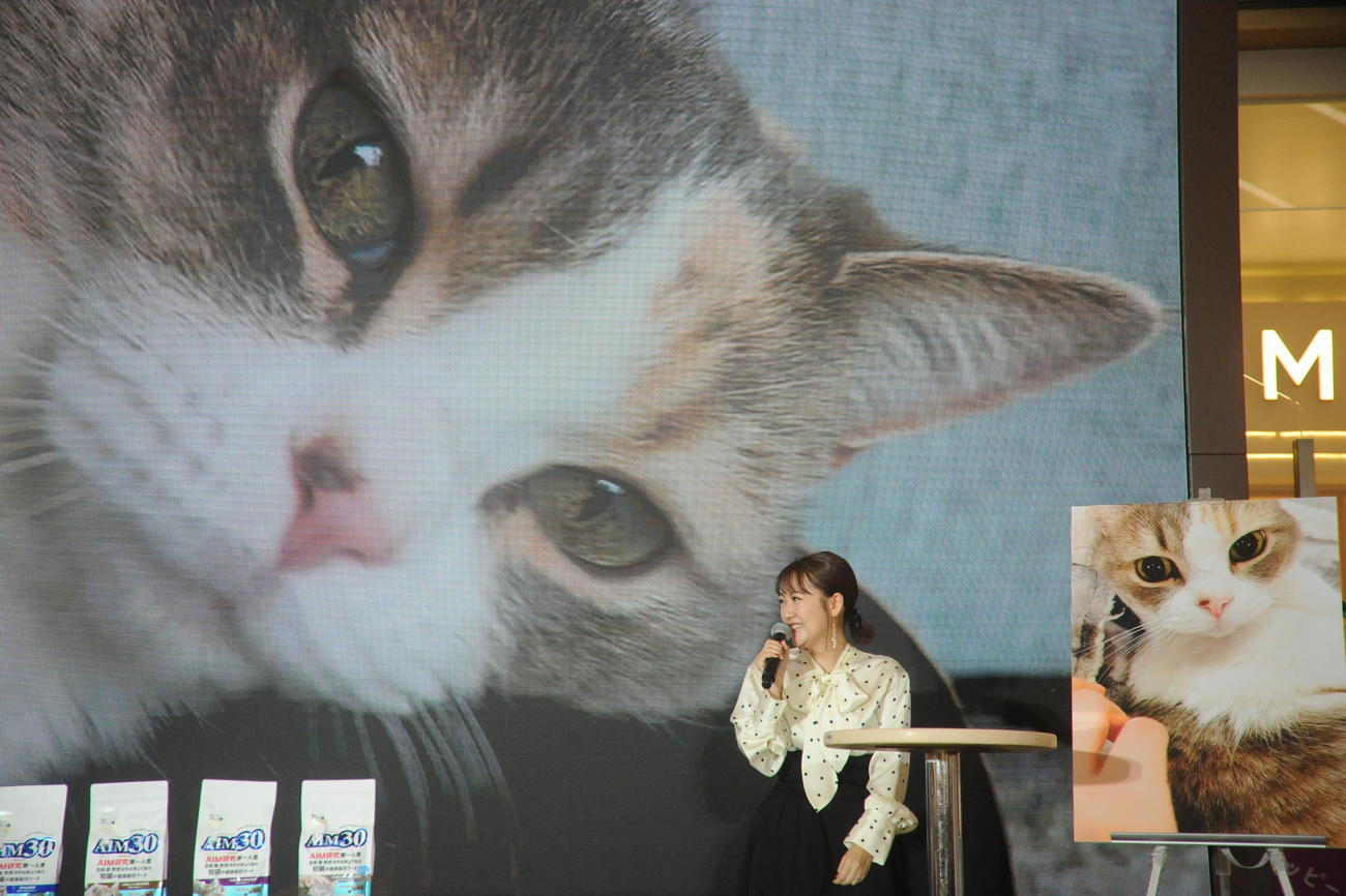 キャットフードのイベントに出席した高橋みなみ。背景は愛猫にゃーちゃん（撮影・高橋洋平）