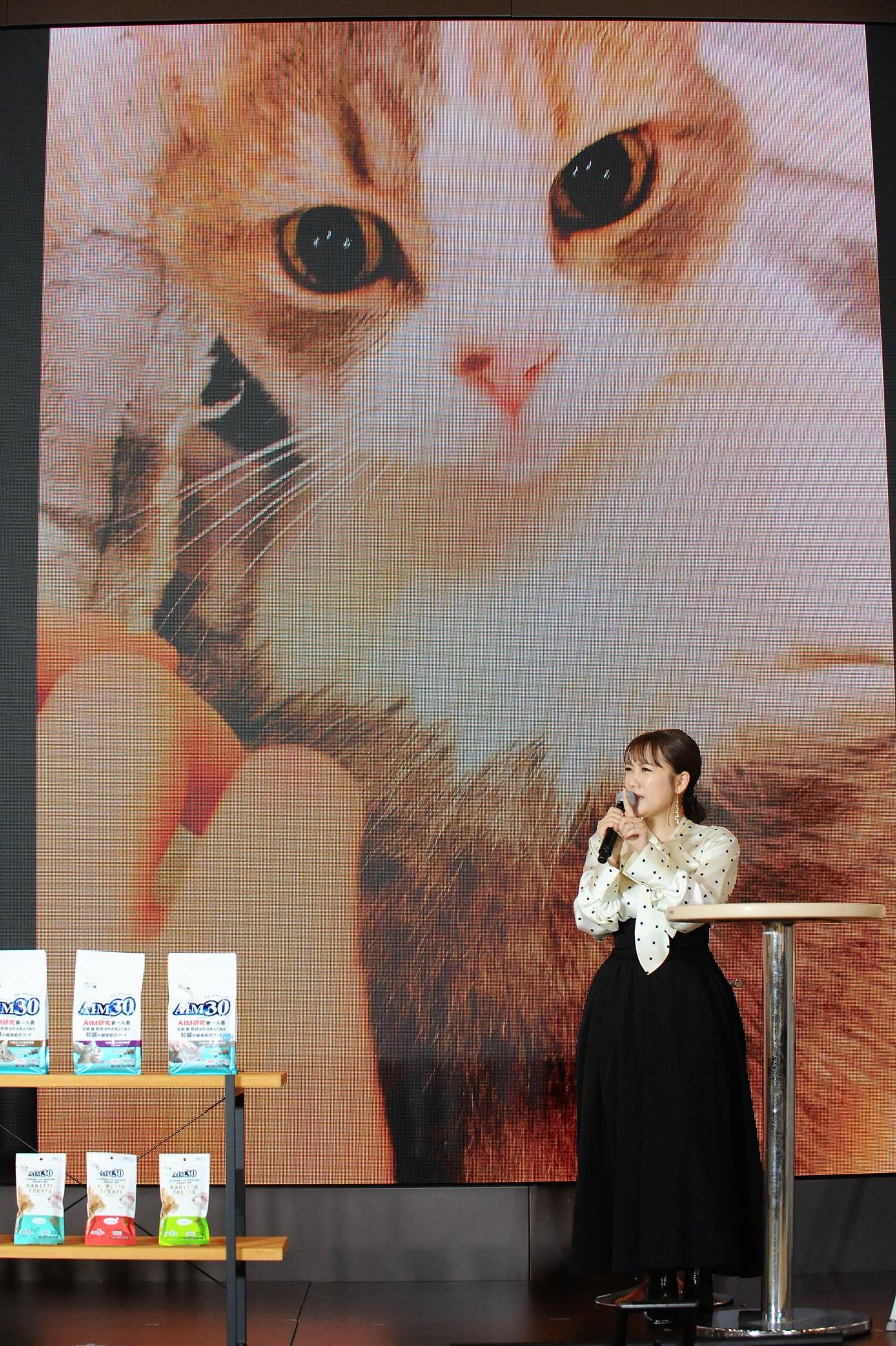 キャットフードのイベントに出席した高橋みなみ。背景は愛猫にゃーちゃん（撮影・高橋洋平）
