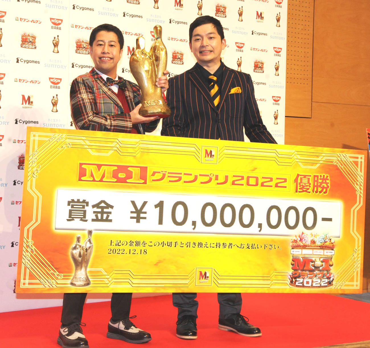 漫才日本一決定トーナメント「M－1グランプリ2022」で優勝したウエストランドの井口浩之（左）と河本太（撮影・松尾幸之介）