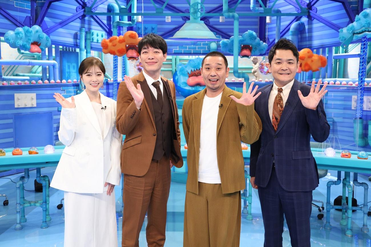 「お笑いオムニバスGP　ドッキリツッコミ＆オモウソい店＆クセがスゴいかくし芸4時間SP」に出演する、左から白石麻衣、川島明（麒麟）、千鳥（大悟、ノブ）（C）フジテレビ