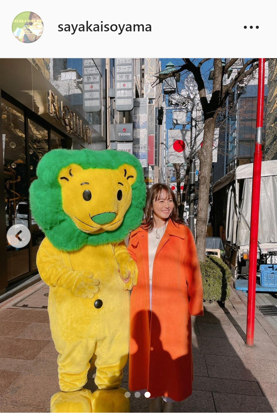 「ライオンちゃん」とのツーショットを披露した磯山さやか（インスタグラムより）