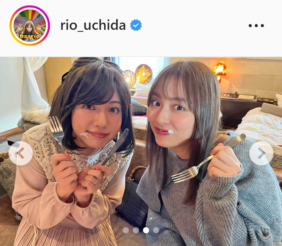 口にクリームをつけた内田理央（右）とゆうたろう（内田理央のインスタグラムより）