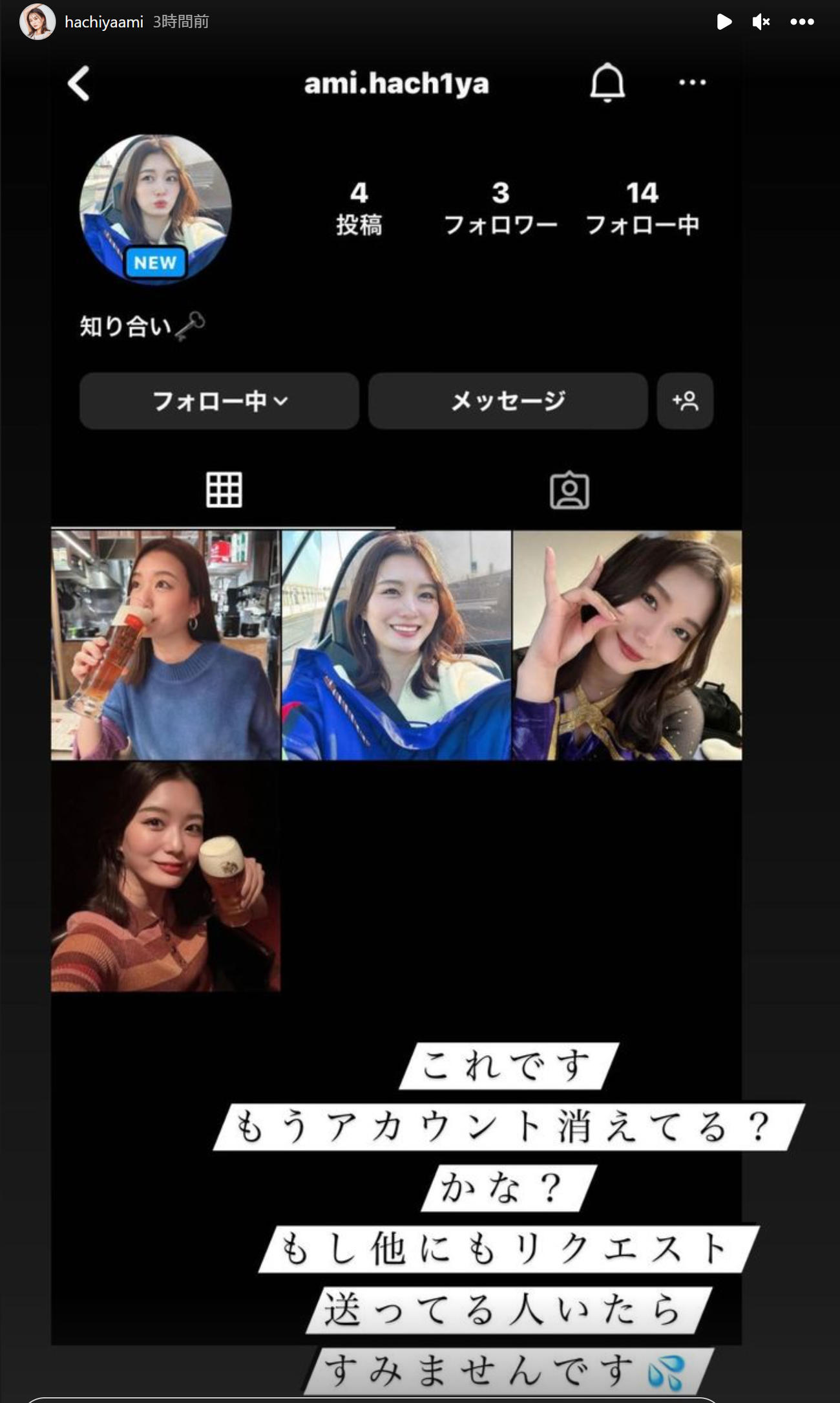 自身になりすました偽アカウントのキャプチャ画像（蜂谷晏海のインスタグラムより）