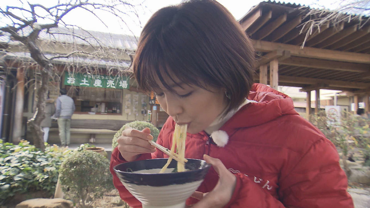 フジテレビ系特別番組「ニッポンわが町うどんMAP5」でうどんをすする中野美奈子